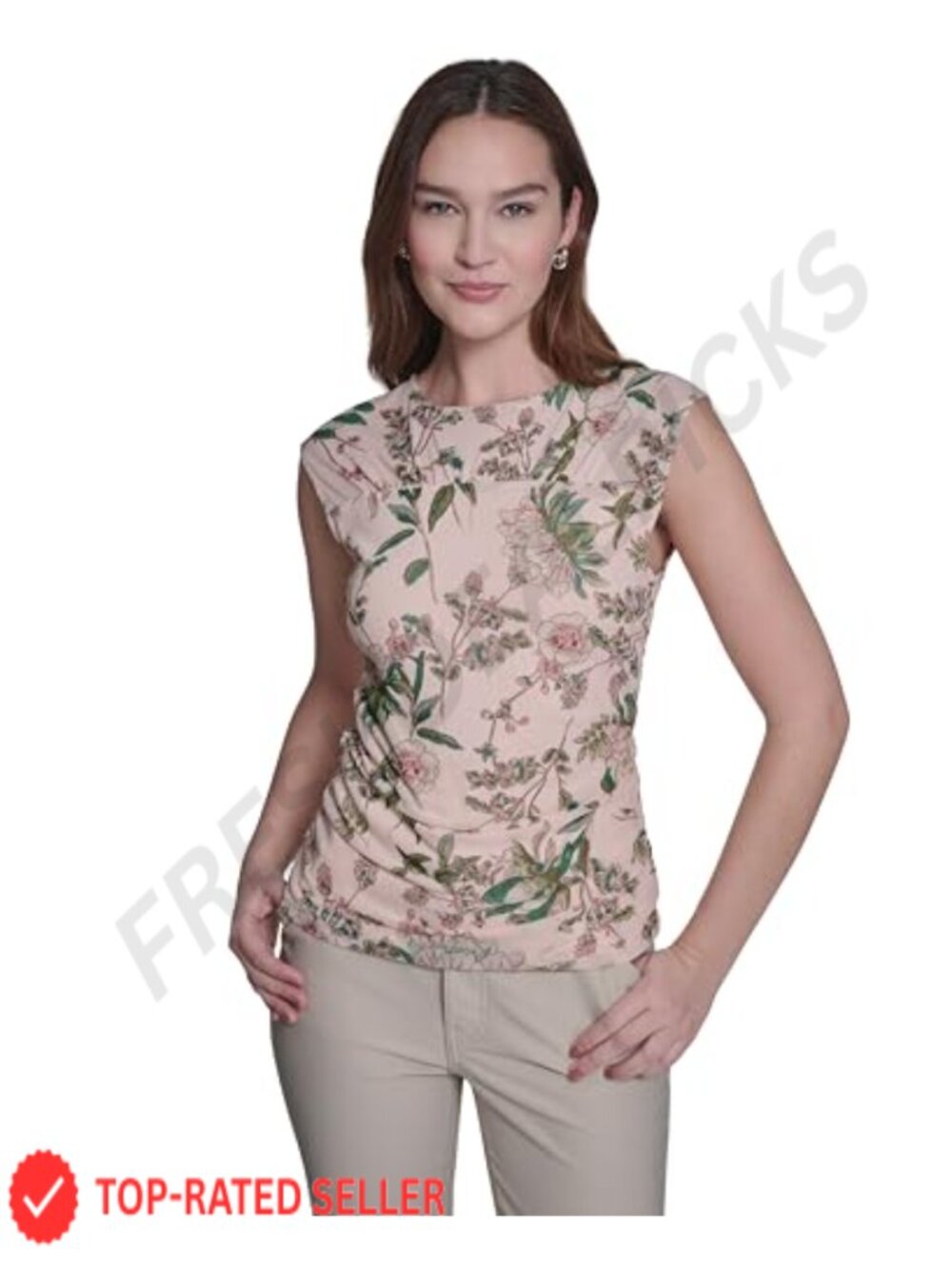 Women's Crew Neck Sleeveless Ruched Floral Print Blouse Tank Top